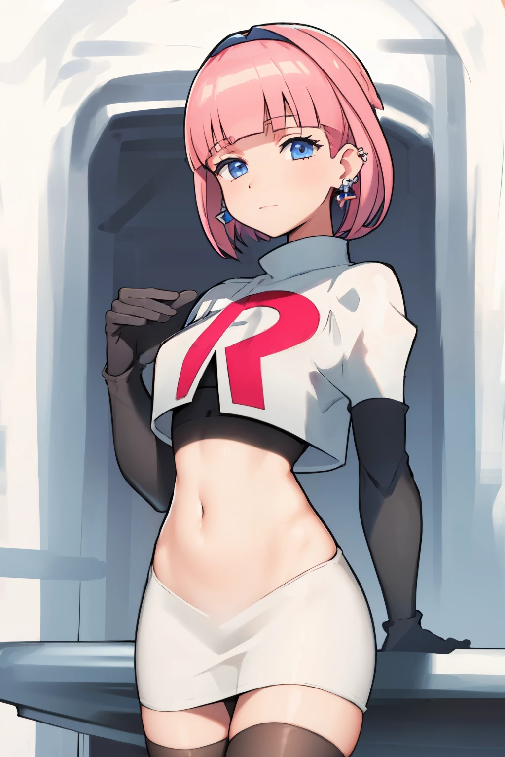 (extremely detailed CG), (best quality), perfect face, shiny skin, lustrous skin, 1girl,solo   narrow waist,  wide hips, mollie, pink hair, bangs, blunt bangs, earrings, jewelry, blue eyes, short hair, piercing,ear piercing, hairband,team rocket,team rocket uniform,white skirt,red letter R,crop top,black thigh-highs,black elbow gloves,