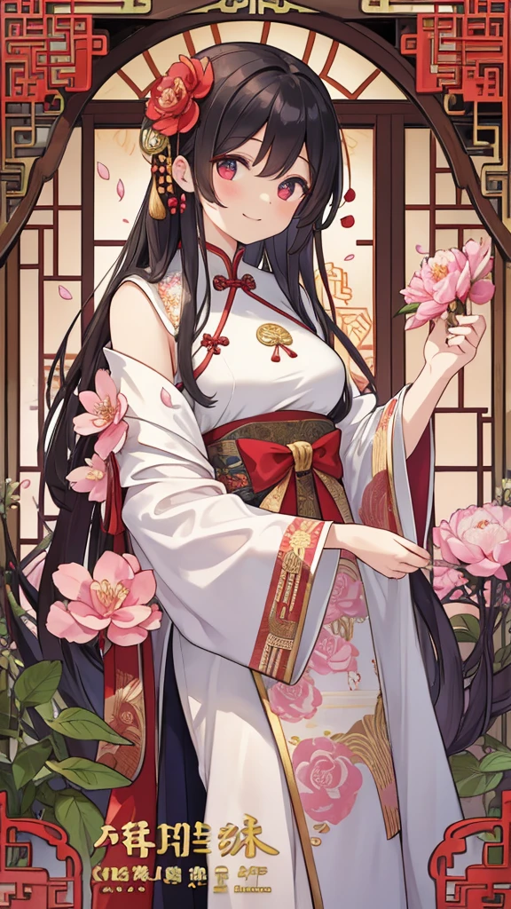 absurdres, best quality, fine detailed, 8k, new year greeting card, tarot card style frame, art nouveau, (Alphonse Mucha), art deco, Ancient china Style, 1girl, smile, red damask  hanfu, hair flower ornament, upper body, Chinese style fantasy window decorated with crystal texture, Ancient court scenery, red flower decoration beads, Chinese-style decorative string, plum blossoms tree, peony, petals