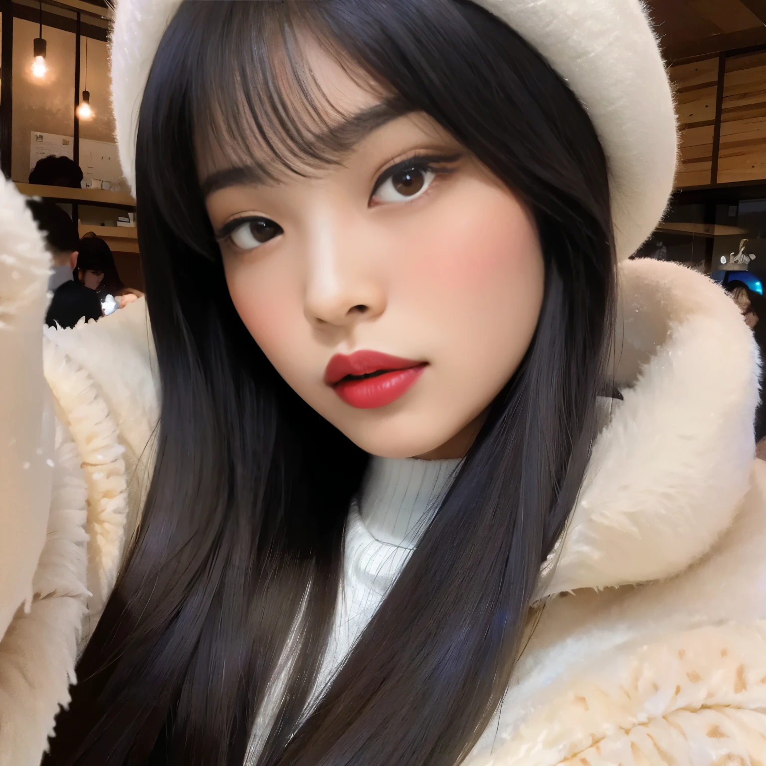 Arafed Asian woman with long black hair wearing white hat and coat, maquillaje popular de corea del sur, ulzzang, maquillaje coreano popular, pale korean adorable face, sakimichan, muchacha coreana, joven y adorable rostro coreano, hermosa mujer surcoreana, hermosa joven coreana, hermosa joven coreana, Jinyoung Shin, maquillaje suave, heonhwa choe