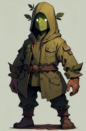 human-like tree, like a golem , tree standing on 2 legs, Dressed in only pants, Forest Hunter, The skin is bark., I'm a leaf, friendly face , human-shaped, Small body shape,