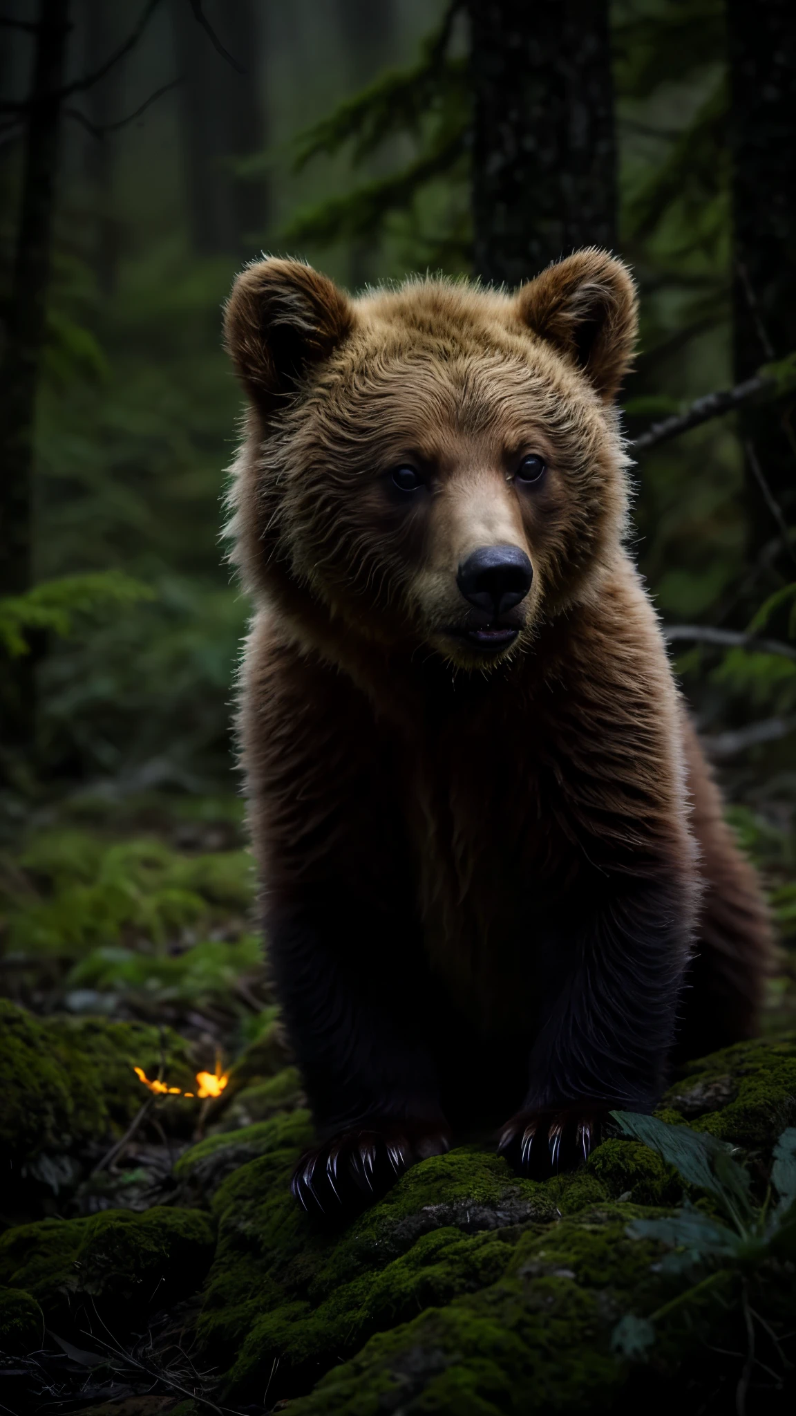 Close up photo of grizzly cub in moody forest、natta、fireflys、Volumetric fog、Halation、bloom、Dramatic atmosphere、central、thirds rule、200mm 1.4F Macro Shot, moody forest, dark, night, dark colour pallet, glowing fireflies, macro detail