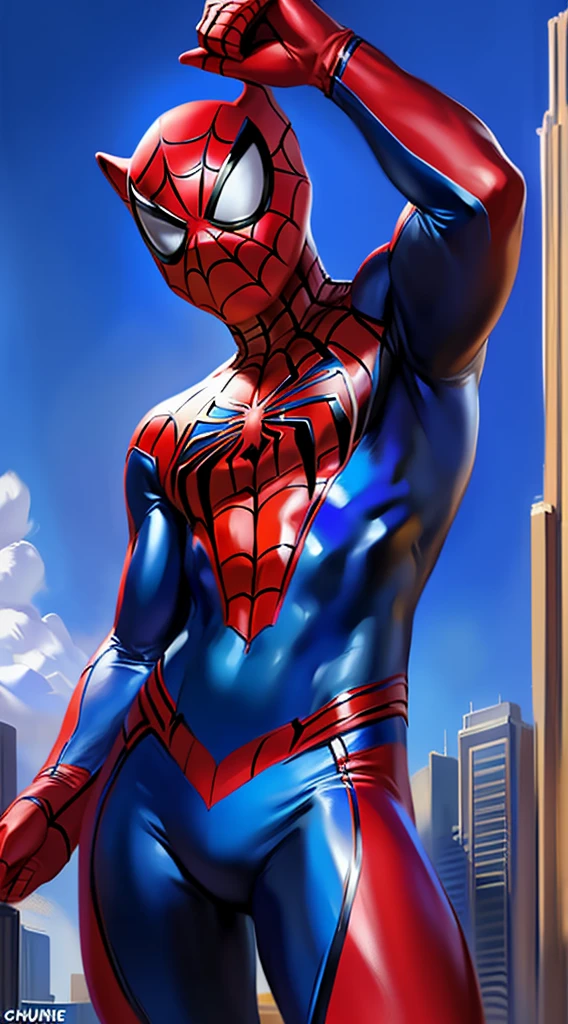 grey wolf wearing a spiderman costume, red and blue bodysuit, spiderman costume, (tight), (spandex suit), (spider-mancostume: 1.1), (solo: 1.1), (detailed), (masterpiece: 1.2), (fullbody), by chunie