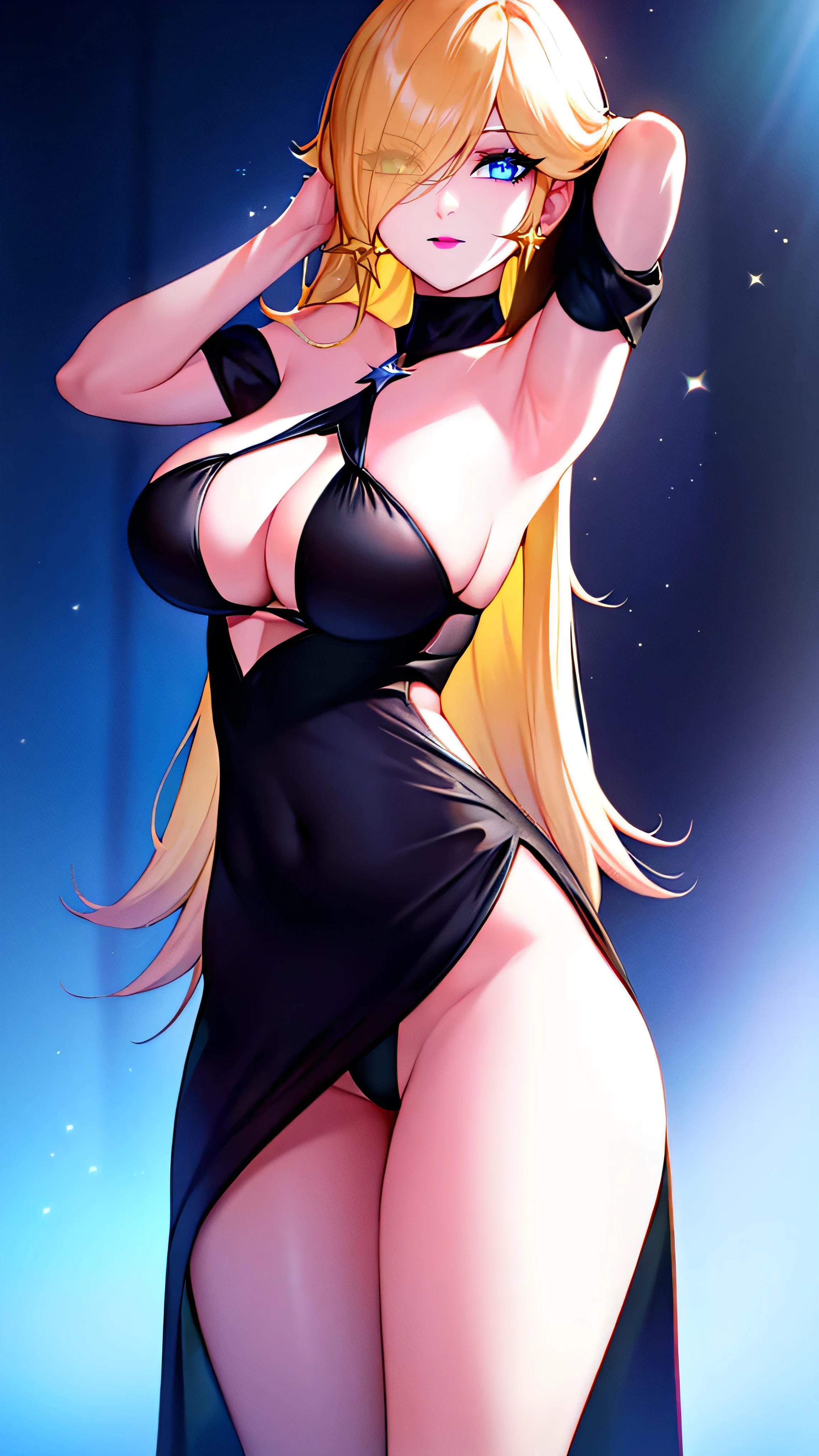 ((high detailed, best quality, 4k, masterpiece, hd:1.3)), BREAK night stars landscape, Rosalina, neon blue eyes, BREAK blue eyes, seductive, attractive, sexy smile, smiling, smooth anime cg art, 34C boobs, long legs, vivid colors, detailed digital art, slim body, perfect skin, blonde hair, long blonde hair, BREAK crown, looking at viewer, BREAK looking at viewer, extremely detailed face, full body, earrings, gem, dark black makeup lips, dark gothic eyeshadows, dark eyeshadows, black eyeshadows, black sexy lips, black lips, dark lips, very dark lips, (perfect hands, perfect anatomy), black makeup, detailed fingers, five fingers per hand, 5 fingers, (1 girl), detailed lips, detailed black lips, black painted lips, gothic painted lips, (breast focus), (breasts out:1.3), (off shoulder:1.1), (hands behind head:1.3),