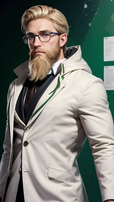 blonde、green eyes、beard、handsome hero with glasses、white coat worn by scientists、alone、There are also researchers、There are scientists、graduate school、Upper body、highest quality、masterpiece、ultra high resolution、(Photoreal:1.4)、game poster