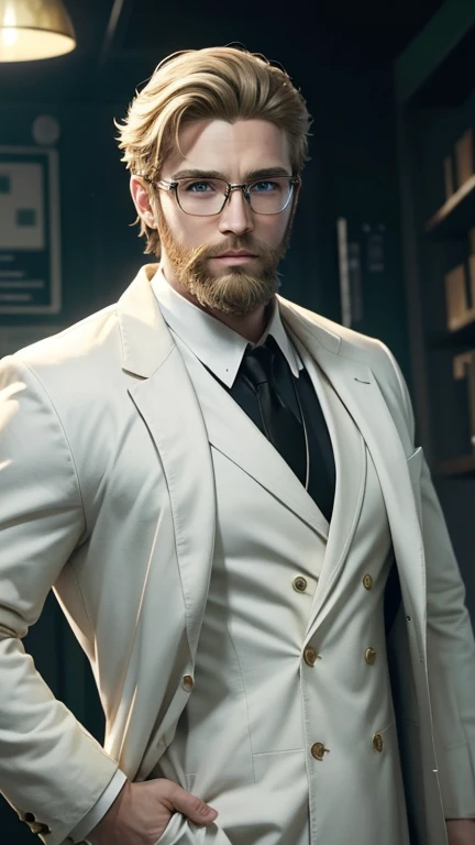 blonde、green eyes、beard、handsome hero with glasses、white coat worn by scientists、alone、There are also researchers、There are scientists、graduate school、Upper body、highest quality、masterpiece、ultra high resolution、(Photoreal:1.4)、game poster