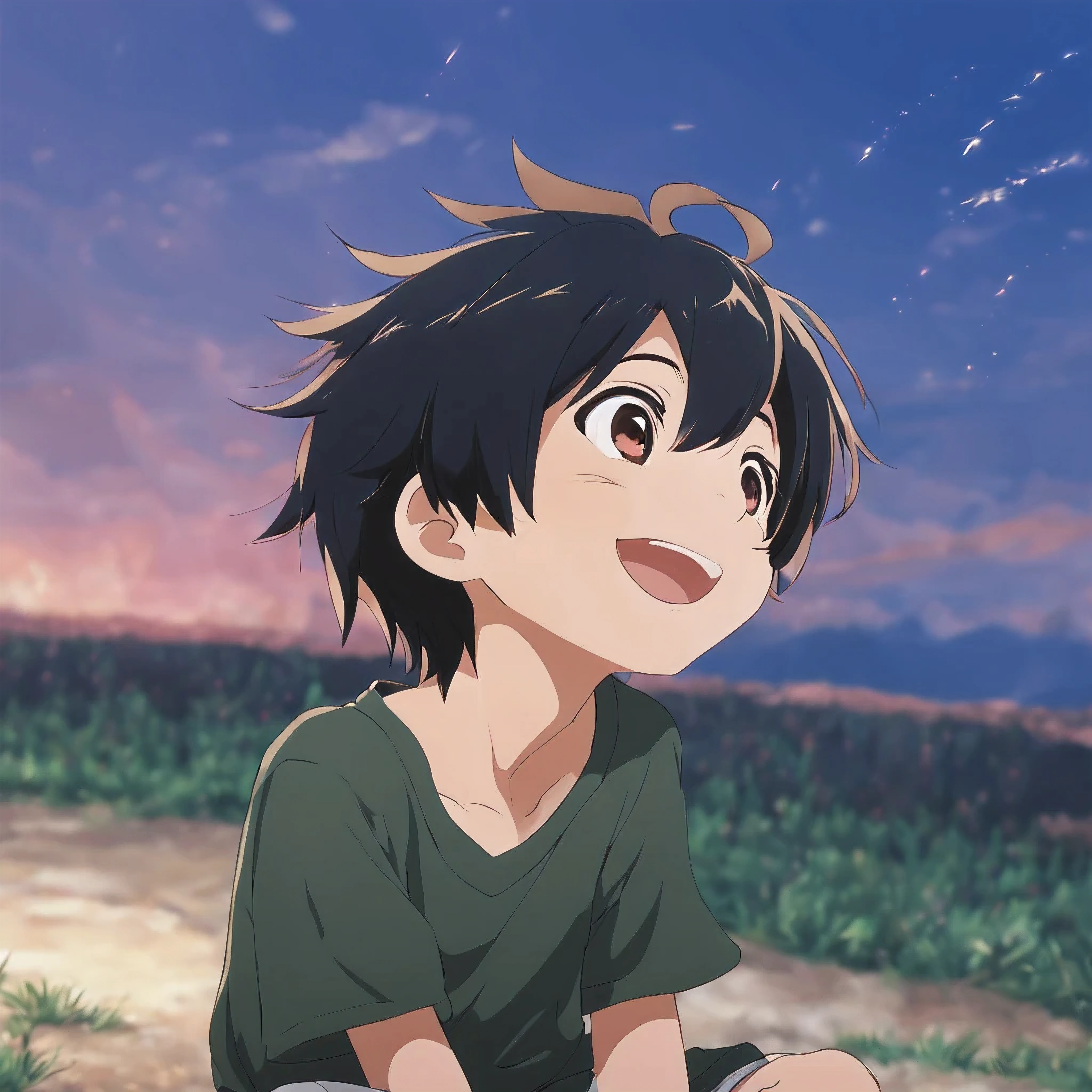 A little oriental anime boy with black hair and brown eyes,Cute and naughty,Sitting on the ground and looking up to the sky laughing,face close-up,镜头从profile侧上方看下去,profile,profile,profile,messy hair flying
