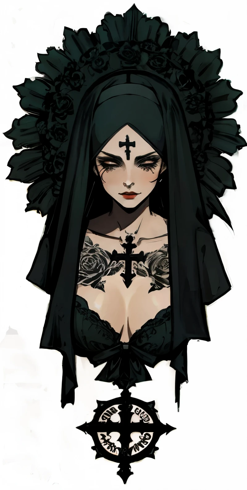 a woman holding a cross on the front of her head,cross like a v-rey , showing a skull , in style of anne stokes, gothic face, gothic art style, goddess of death, inspired by Anne Stokes, gothic art, queen of death, queen of hell, realism tattoo design, karol bak of  nun, black and grey tattoo style, detailed portrait of evil nun