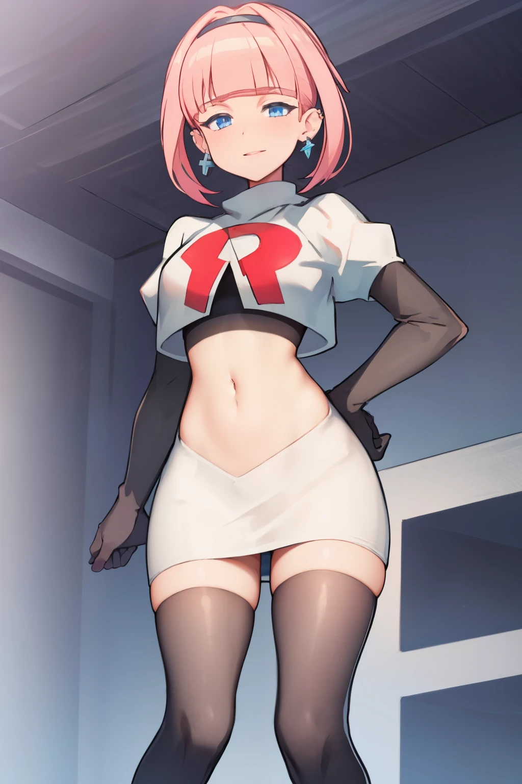 (extremely detailed CG), (best quality), perfect face, shiny skin, lustrous skin, 1girl,solo   narrow waist,  wide hips, mollie, pink hair, bangs, blunt bangs, earrings, jewelry, blue eyes, short hair, piercing,ear piercing, hairband,team rocket,team rocket uniform,white skirt,red letter R,crop top,black thigh-highs,black elbow gloves,