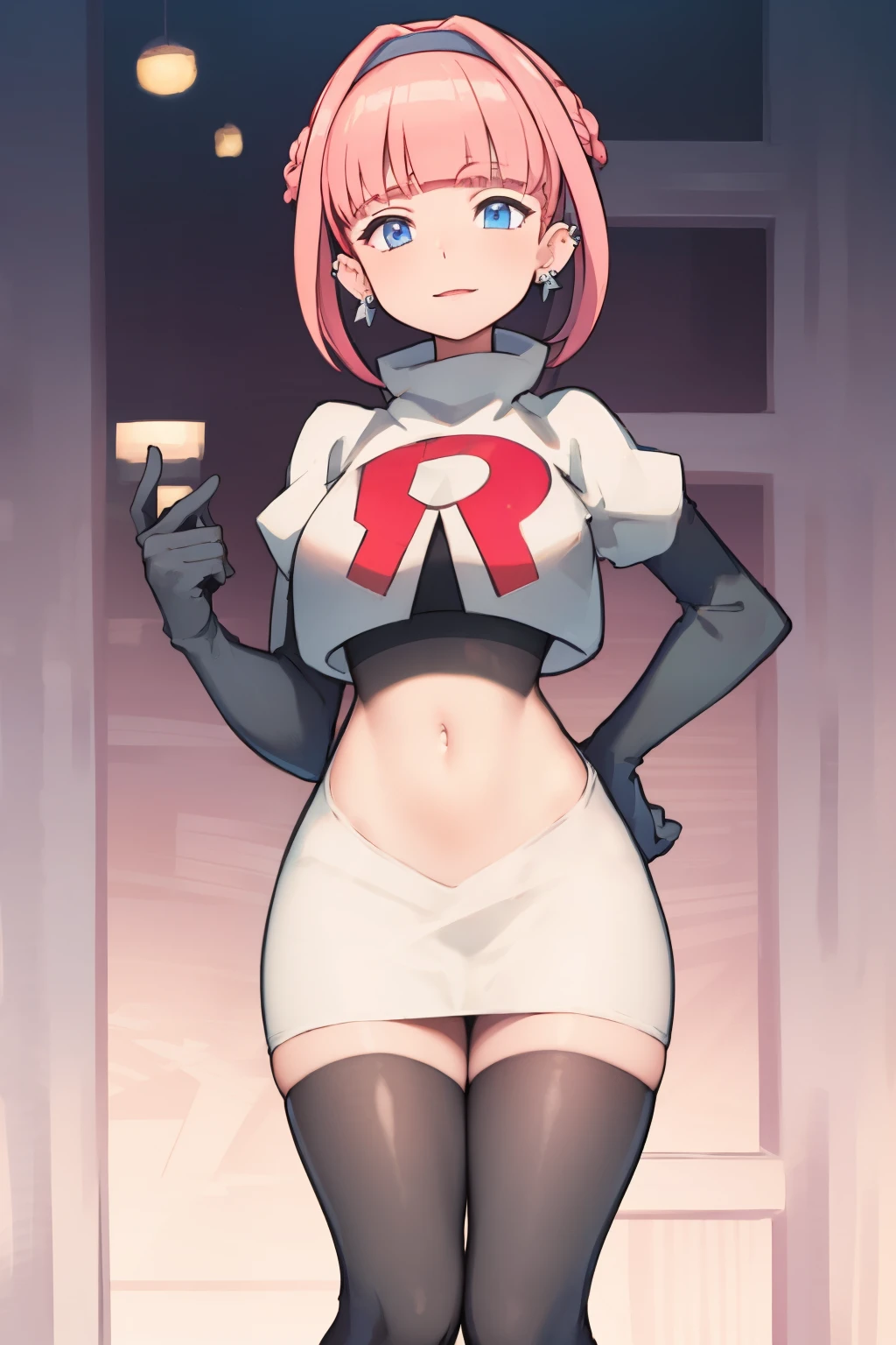 (extremely detailed CG), (best quality), perfect face, shiny skin, lustrous skin, 1girl,solo   narrow waist,  wide hips, mollie, pink hair, bangs, blunt bangs, earrings, jewelry, blue eyes, short hair, piercing,ear piercing, hairband,team rocket,team rocket uniform,white skirt,red letter R,crop top,black thigh-highs,black elbow gloves,