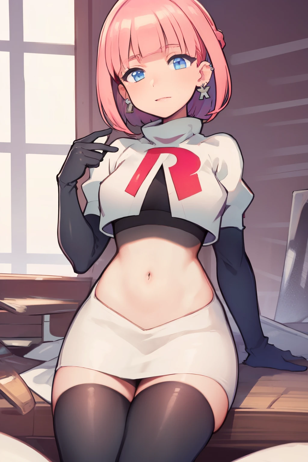 (extremely detailed CG), (best quality), perfect face, shiny skin, lustrous skin, 1girl,solo   narrow waist,  wide hips, mollie, pink hair, bangs, blunt bangs, earrings, jewelry, blue eyes, short hair, piercing,ear piercing, hairband,team rocket,team rocket uniform,white skirt,red letter R,crop top,black thigh-highs,black elbow gloves,