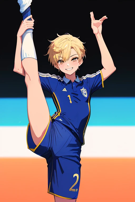 (((Super thin illustration,High resolution, muste piece, best quality,best quality)))、high quality, detailed, (little boy),12 years old, A young ace striker with a super cute face,A boy as beautiful as Planding, Cool handsome face with smile, soccer spike, long legs, thighs, Foots, Bulge, (Blonde hair、Spiky hairstyle)、shiny hair, (tight shiny orange soccer uniform suit), (tight and shiny soccer shorts), (Soccer Socks), grassy area, cool pose, (厚いthighs、Seduce your big ass to your crotch)、(((soccer field in the park:1.2)))、((Saucy、))、grinning grin、(((standing splits:1.4))),ultra fine painting, (best quality, In 4K, 8K, High resolution, muste piece),((detailedな目))、cute eyes、I-shaped balance、raise your legs、(((正確でdetailedな脚:1.4))),