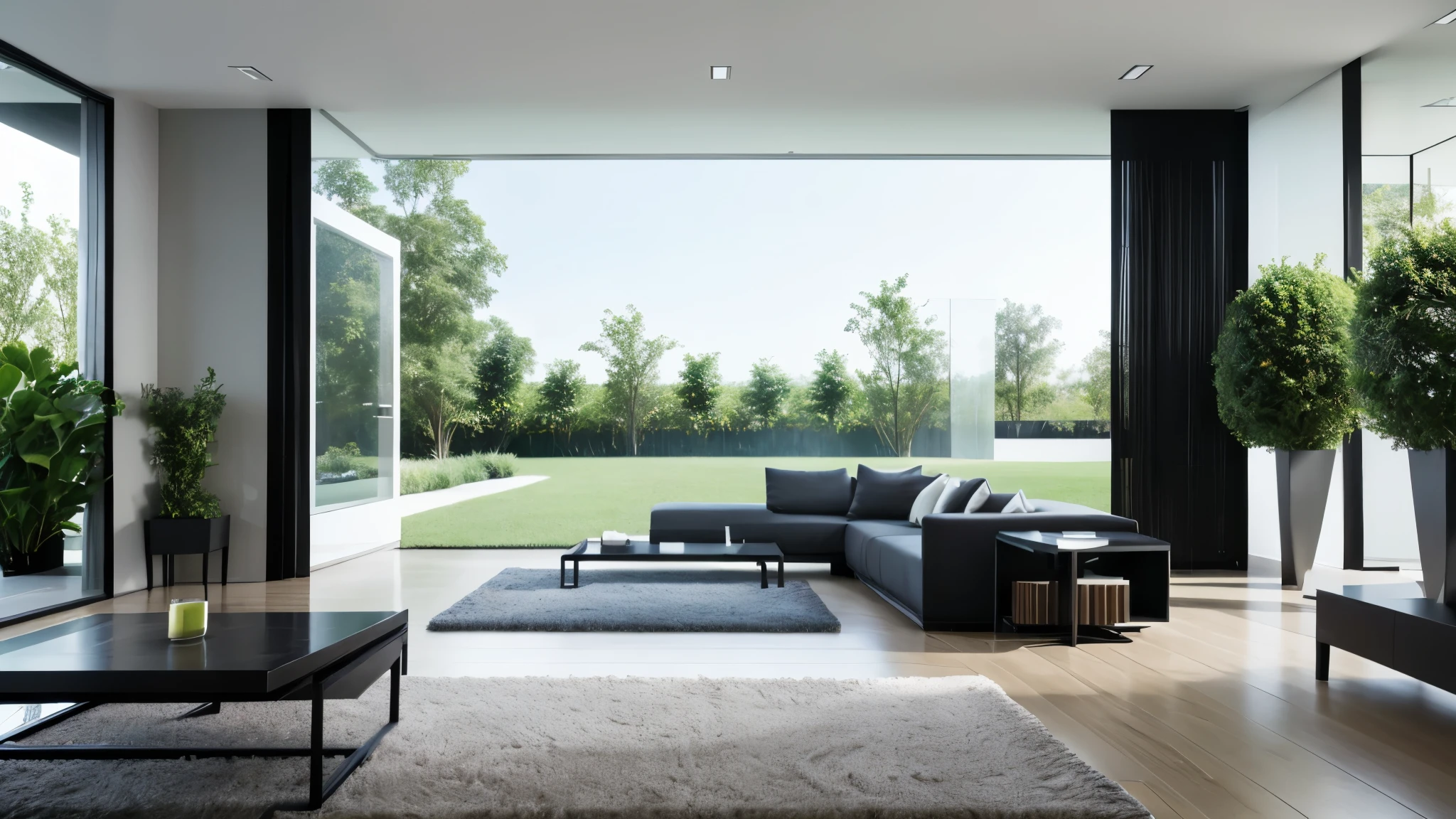 You are a famous interior designer、You have been asked to create a 3D image of a modern large room. Create a harmonious environment with modern and minimalist furniture. Including garden interior.