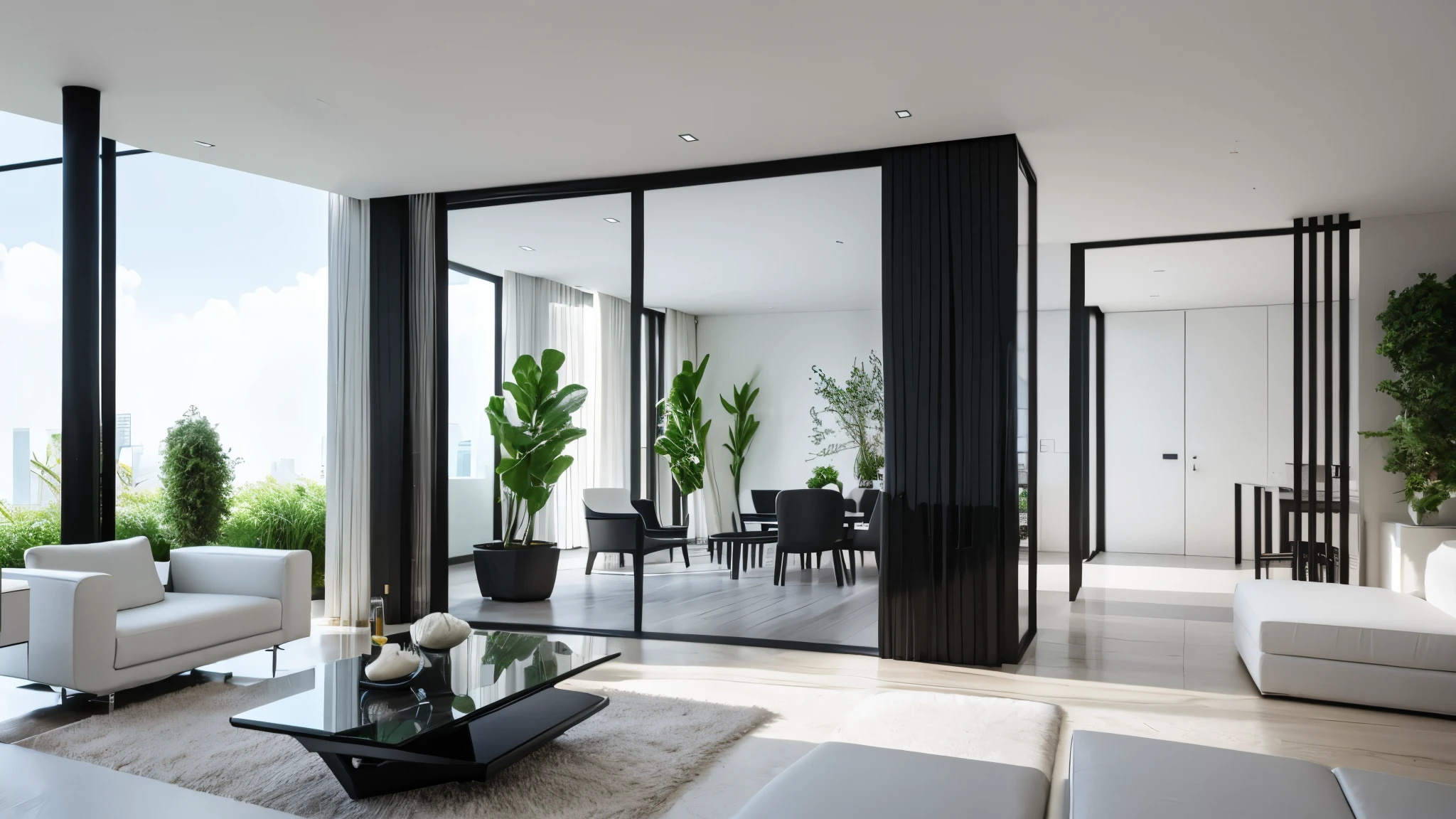 You are a famous interior designer、You have been asked to create a 3D image of a modern large room. Create a harmonious environment with modern and minimalist furniture. Including garden interior.