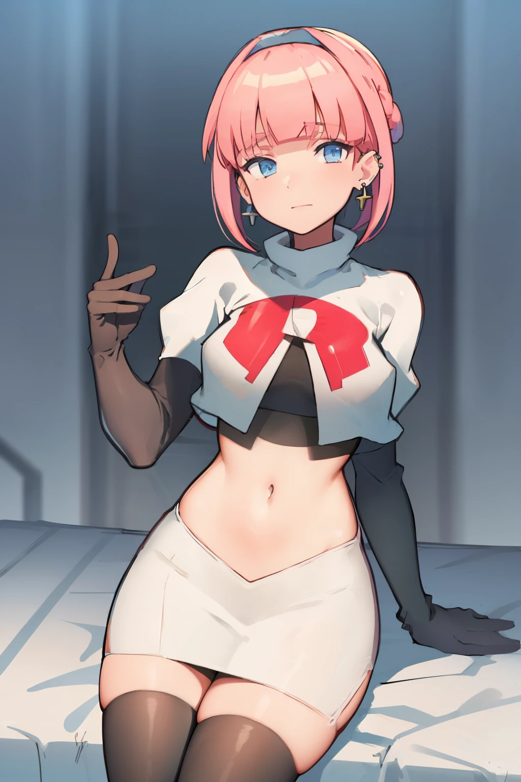 (extremely detailed CG), (best quality), perfect face, shiny skin, lustrous skin, 1girl,solo   narrow waist,  wide hips, mollie, pink hair, bangs, blunt bangs, earrings, jewelry, blue eyes, short hair, piercing,ear piercing, hairband,team rocket,team rocket uniform,white skirt,red letter R,crop top,black thigh-highs,black elbow gloves,