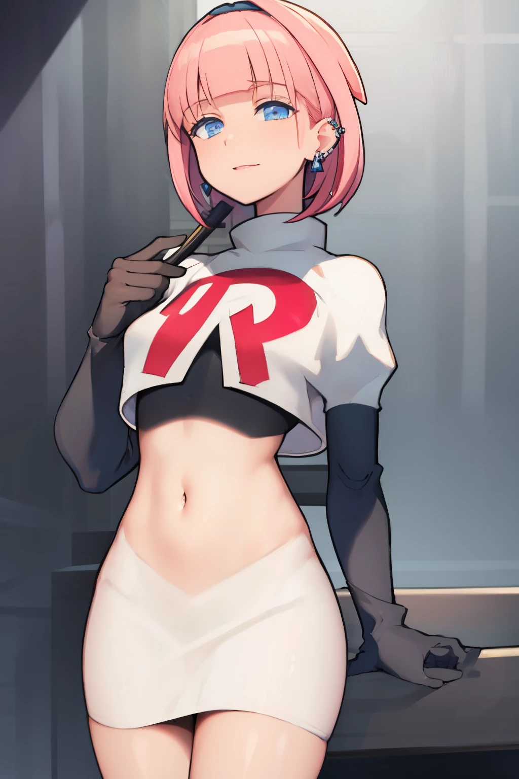 (extremely detailed CG), (best quality), perfect face, shiny skin, lustrous skin, 1girl,solo   narrow waist,  wide hips, mollie, pink hair, bangs, blunt bangs, earrings, jewelry, blue eyes, short hair, piercing,ear piercing, hairband,team rocket,team rocket uniform,white skirt,red letter R,crop top,black thigh-highs,black elbow gloves,