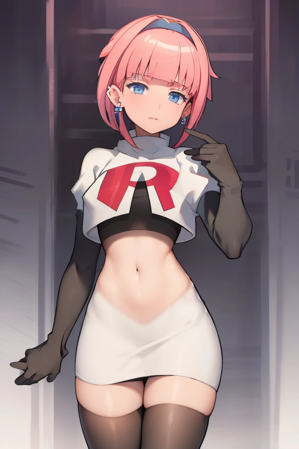 (extremely detailed CG), (best quality), perfect face, shiny skin, lustrous skin, 1girl,solo   narrow waist,  wide hips, mollie, pink hair, bangs, blunt bangs, earrings, jewelry, blue eyes, short hair, piercing,ear piercing, hairband,team rocket,team rocket uniform,white skirt,red letter R,crop top,black thigh-highs,black elbow gloves,