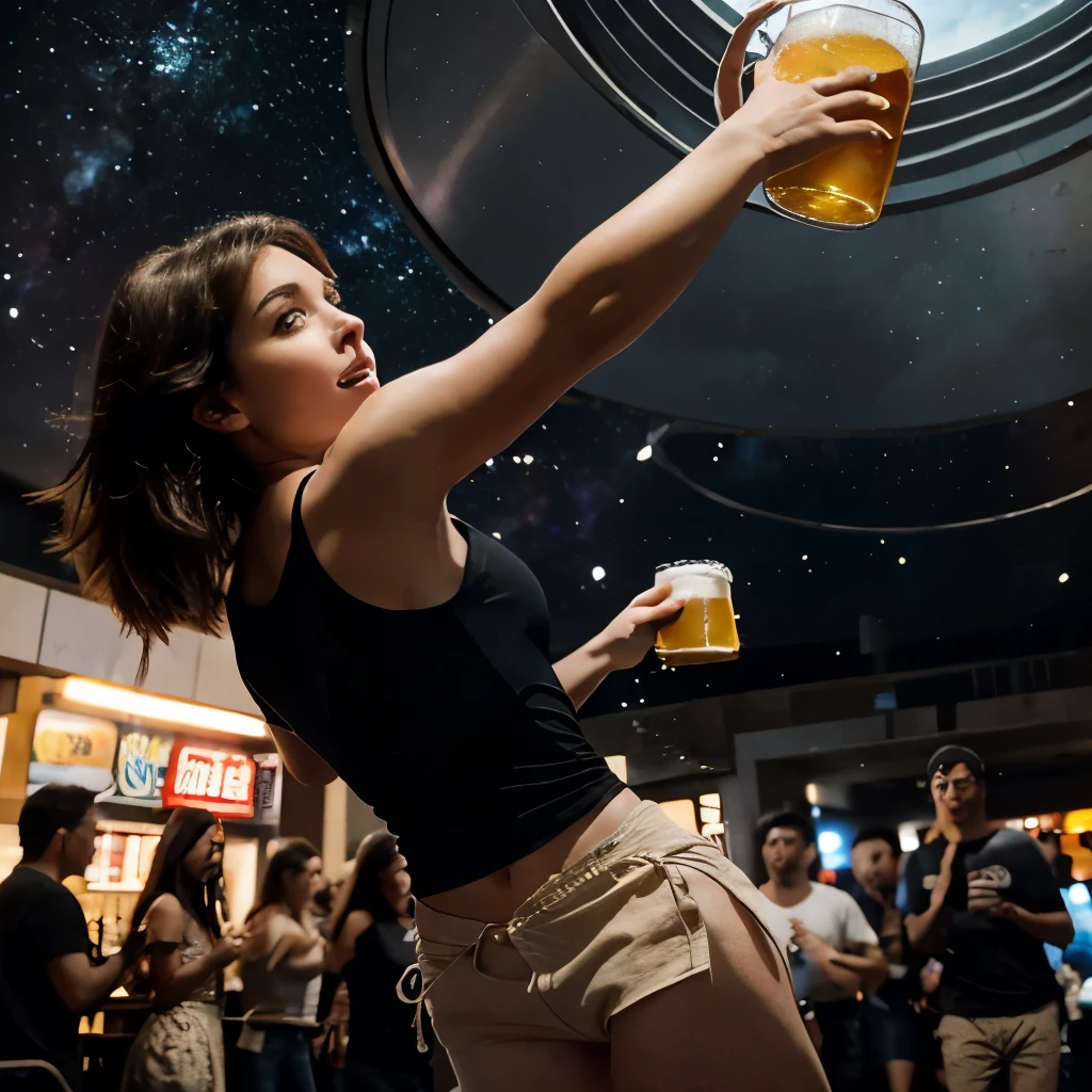 cartoon, Beautiful girl holds a glass of beer floating in the air, The young man ran after him, out of breath., In the distant space, There were more than 10 people watching.,