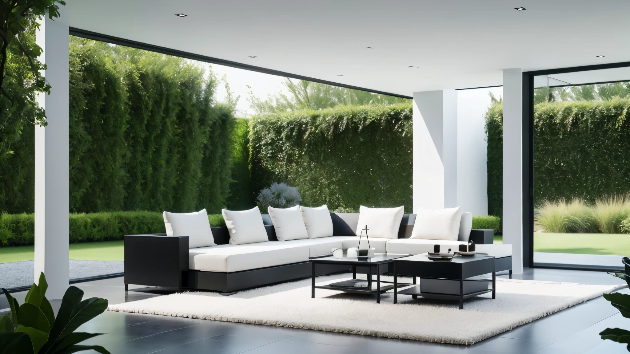 You are a famous interior designer、You have been asked to create a 3D image of a modern large room. Create a harmonious environment with modern and minimalist furniture. Including garden interior.