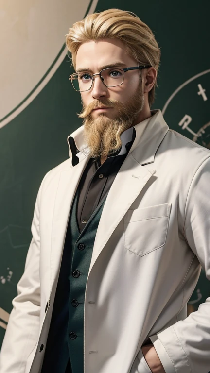 blonde、green eyes、beard、hero of glasses、white coat worn by scientists、alone、There are also researchers、There are scientists、graduate school、Upper body、highest quality、masterpiece、ultra high resolution、(Photoreal:1.4)、game poster