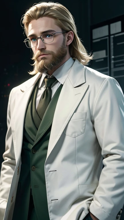 blonde、green eyes、beard、hero of glasses、white coat worn by scientists、alone、There are also researchers、There are scientists、graduate school、Upper body、highest quality、masterpiece、ultra high resolution、(Photoreal:1.4)、game poster