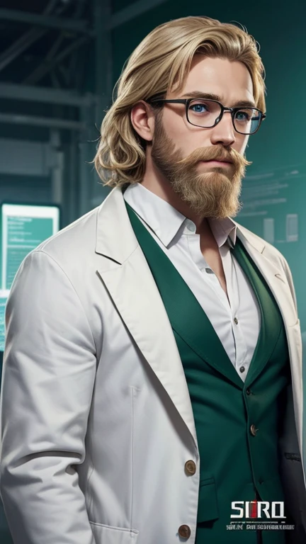 blonde、green eyes、beard、hero of glasses、white coat worn by scientists、alone、There are also researchers、There are scientists、graduate school、Upper body、highest quality、masterpiece、ultra high resolution、(Photoreal:1.4)、game poster