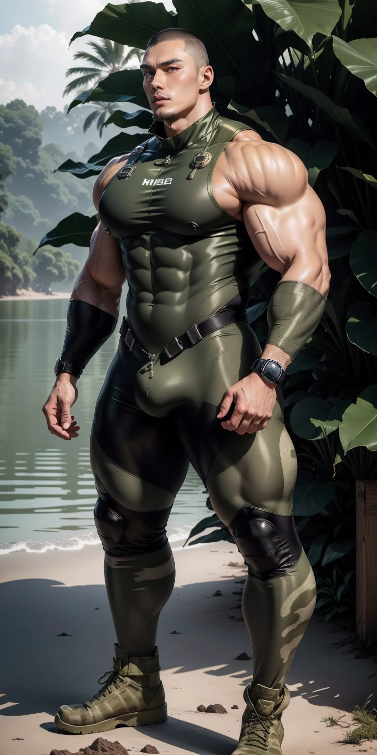 Tall giant muscular man with his mouth open and screaming.,Khaki camouflage uniform,strong tough guy,Buzz Cut,white short hair,Wearing a khaki camouflage wetsuit,matte texture,regular symmetrical texture pattern,Standing in the dark sugar cane jungle, The body wrapped in thick rattan,Sad expression,Deep and charming eyes,The hero with emerald pupils,heroic male pose,高urly,muscular!Charming leg muscles,High, burly, Heqiang, Wearing a khaki camouflage wetsuit, Super gain and cool, high resolution committee, Big feet in black boots,Charming strong man,The bright sunshine shines on you