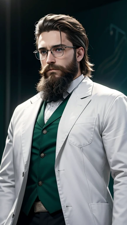 green eyes、beard、hero of glasses、white coat worn by scientists、alone、There are also researchers、There are scientists、graduate school、Upper body、highest quality、masterpiece、ultra high resolution、(Photoreal:1.4)、game poster