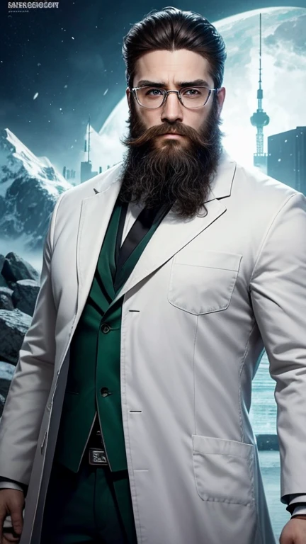 green eyes、beard、hero of glasses、white coat worn by scientists、alone、There are also researchers、There are scientists、graduate school、Upper body、highest quality、masterpiece、ultra high resolution、(Photoreal:1.4)、game poster