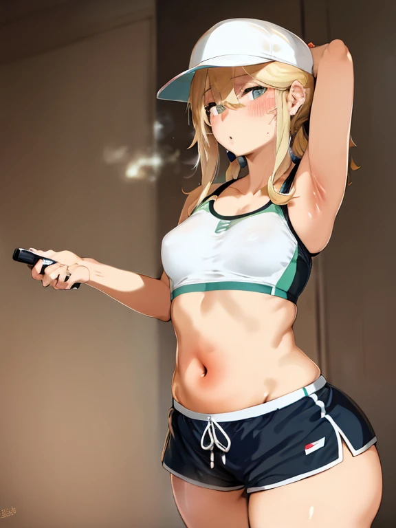 Cute dirty blonde haired girl in short tennis shorts wearing a tennis hat and a training bra