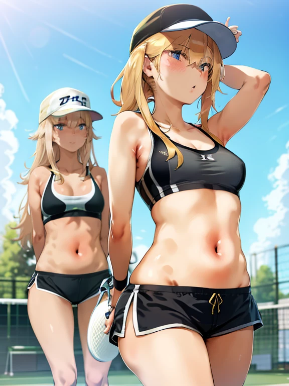 Cute dirty blonde haired girl in short tennis shorts wearing a tennis hat and a training bra