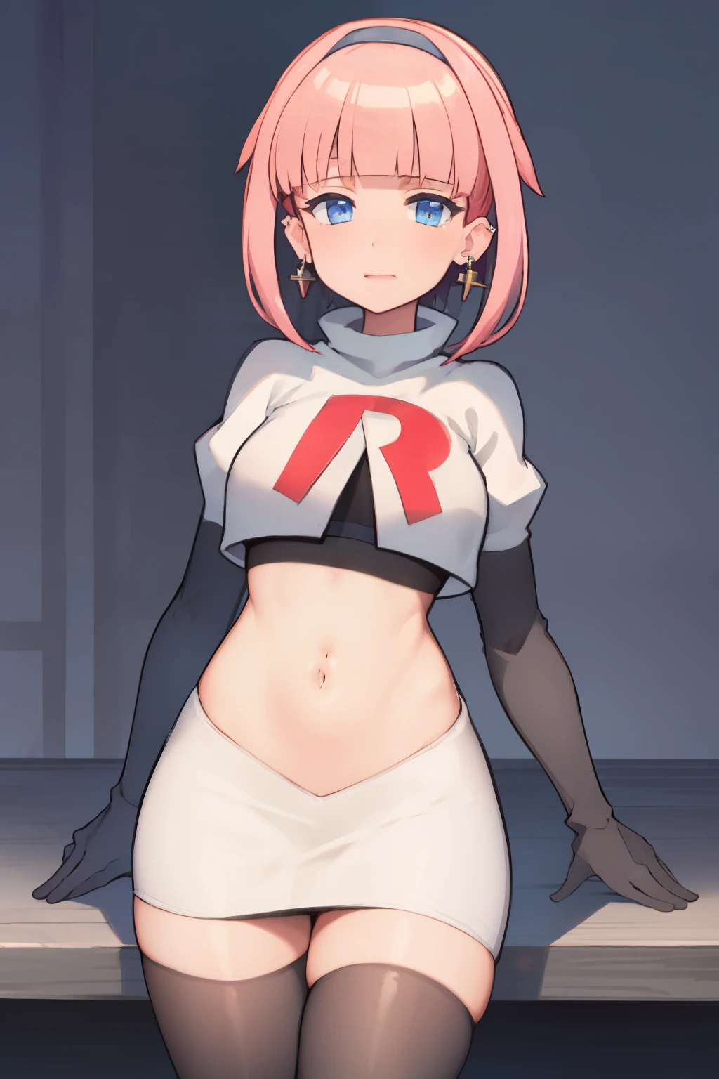 (extremely detailed CG), (best quality), perfect face, shiny skin, lustrous skin, 1girl,solo   narrow waist,  wide hips, mollie, pink hair, bangs, blunt bangs, earrings, jewelry, blue eyes, short hair, piercing,ear piercing, hairband,team rocket,team rocket uniform,white skirt,red letter R,crop top,black thigh-highs,black elbow gloves,