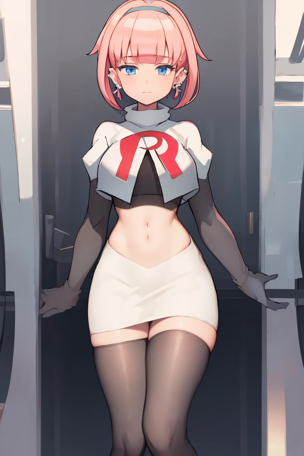 (extremely detailed CG), (best quality), perfect face, shiny skin, lustrous skin, 1girl,solo   narrow waist,  wide hips, mollie, pink hair, bangs, blunt bangs, earrings, jewelry, blue eyes, short hair, piercing,ear piercing, hairband,team rocket,team rocket uniform,white skirt,red letter R,crop top,black thigh-highs,black elbow gloves,