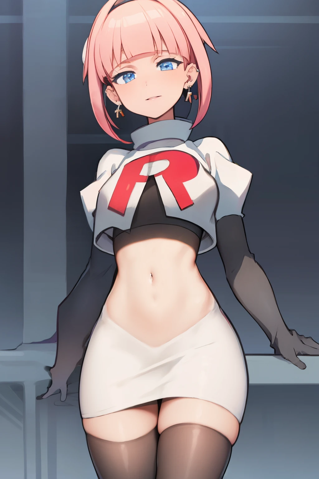 (extremely detailed CG), (best quality), perfect face, shiny skin, lustrous skin, 1girl,solo   narrow waist,  wide hips, mollie, pink hair, bangs, blunt bangs, earrings, jewelry, blue eyes, short hair, piercing,ear piercing, hairband,team rocket,team rocket uniform,white skirt,red letter R,crop top,black thigh-highs,black elbow gloves,