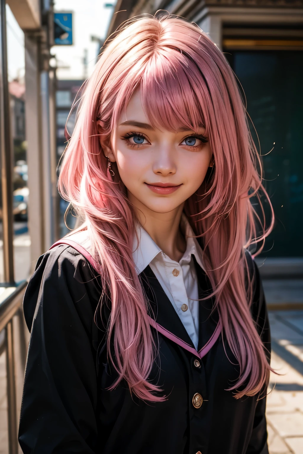 (1Girl, Russian, Beautiful, smiling, 18yo, ((Messy pink hair with a fringe)), (pink perfects eyes), ((wearing ((black)) school uniform))), ((In a school corridor)),