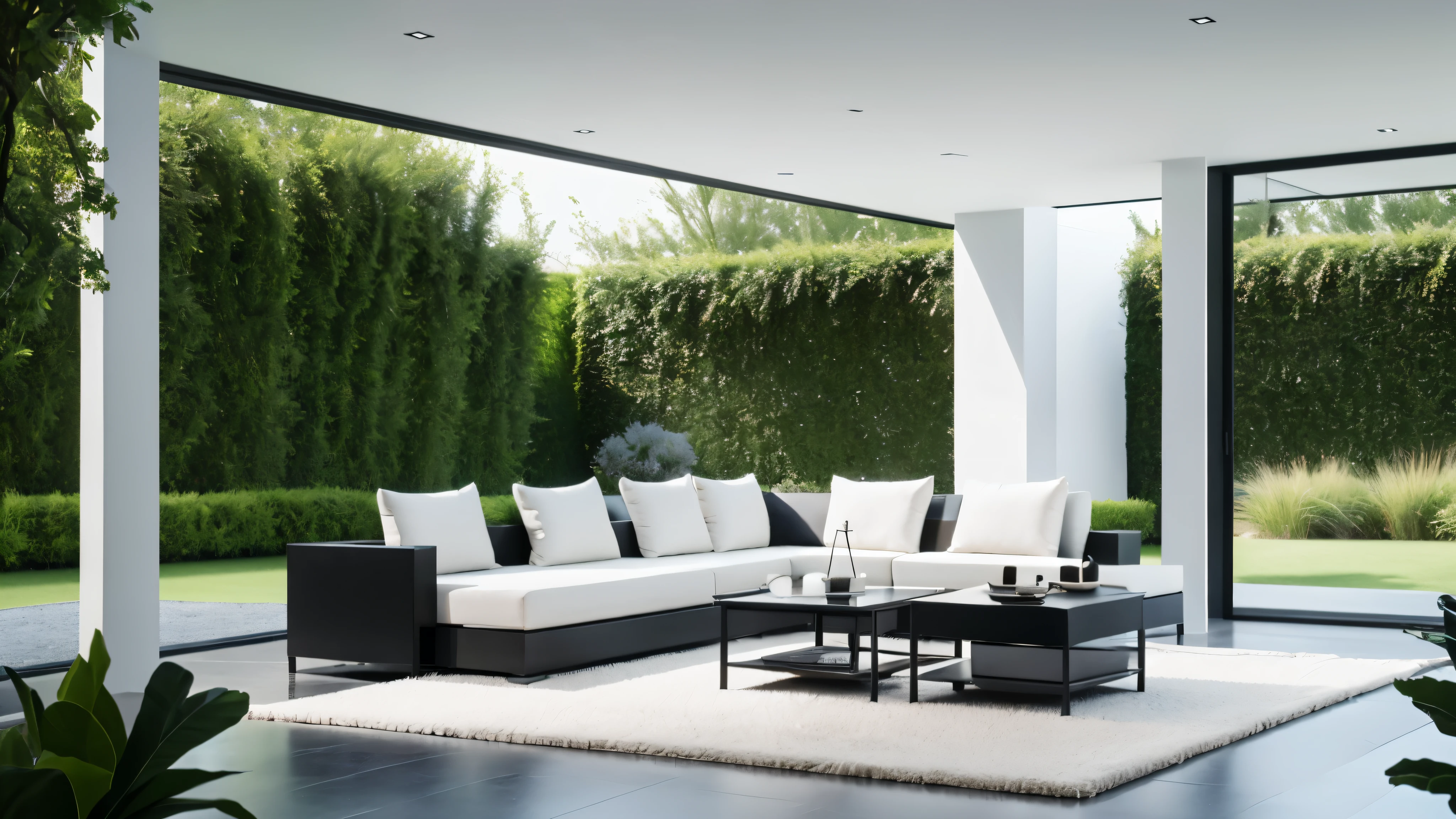 You are a famous interior designer、You have been asked to create a 3D image of a modern large room. Create a harmonious environment with modern and minimalist furniture. Including garden interior.
