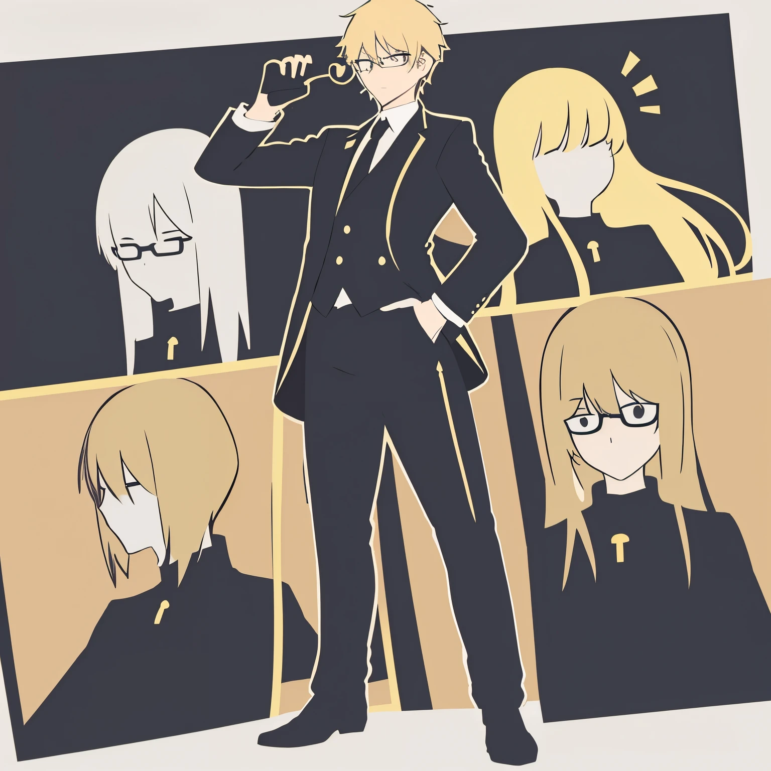 Logo minimalistisch, 1 Mann, Allein, Blondes kurzes Haar nach oben gekleidet, schwarzer Hintergrund, lockiger mittellanger Bart, light gold sight glasses, und ein kantig gebogener Schnurrbart