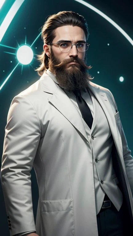 green eyes、beard、hero of glasses、white coat worn by scientists、alone、There are also researchers、There are scientists、graduate school、Upper body、highest quality、masterpiece、ultra high resolution、(Photoreal:1.4)、game poster