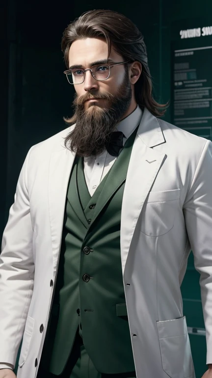 green eyes、beard、hero of glasses、white coat worn by scientists、alone、There are also researchers、There are scientists、graduate school、Upper body、highest quality、masterpiece、ultra high resolution、(Photoreal:1.4)、game poster
