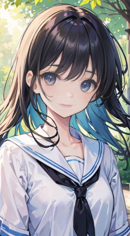(masterpiece), (best quality), (Super details), (disheveled hair), (illustration), (1 名girl), (interview), (Brief Background), Beautiful and delicate eyes, Exquisite and beautiful face, floating, (high saturation), (shine), focus on face, black hair, Bangs, Smiling all over, floating Hair. girl, A teenage girl in love, pixiv illustration, quality, Super detailed, Smile, ingenious, pretty face, 4k, nature, sunlight filtering through the trees,