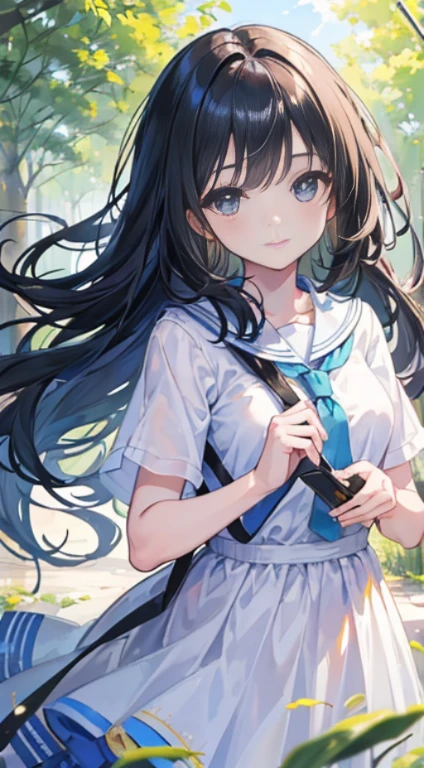 (masterpiece), (best quality), (Super details), (disheveled hair), (illustration), (1 名girl), (interview), (Brief Background), Beautiful and delicate eyes, Exquisite and beautiful face, floating, (high saturation), (shine), focus on face, black hair, Bangs, Smiling all over, floating Hair. girl, A teenage girl in love, pixiv illustration, quality, Super detailed, Smile, ingenious, pretty face, 4k, nature, sunlight filtering through the trees,