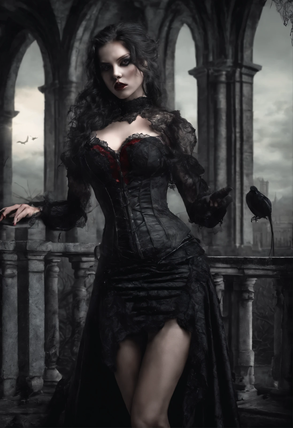 a woman with long black hair,beautiful detailed eyes,beautiful detailed lips,extremely detailed face and eyes,long eyelashes,gothic style dress,black corset,lace,high heels,sensual tango dancer pose,dramatic lighting,dark moody atmosphere,deep mysterious expression,cinematic,photorealistic,masterpiece,8k,high quality,hyperrealistic,chiaroscuro lighting,dramatic shadows