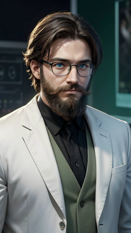 green eyes、beard、hero of glasses、white coat worn by scientists、alone、There are also researchers、There are scientists、graduate school、Upper body、highest quality、masterpiece、ultra high resolution、(Photoreal:1.4)、game poster