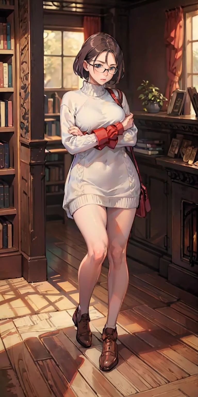 full-body close-up, create an elegant atmosphere, (masterpiece),(best quality), glasses, chakumomi, pov hand, breast grab, (embarrassed),sweater, in library, standing on wood floor