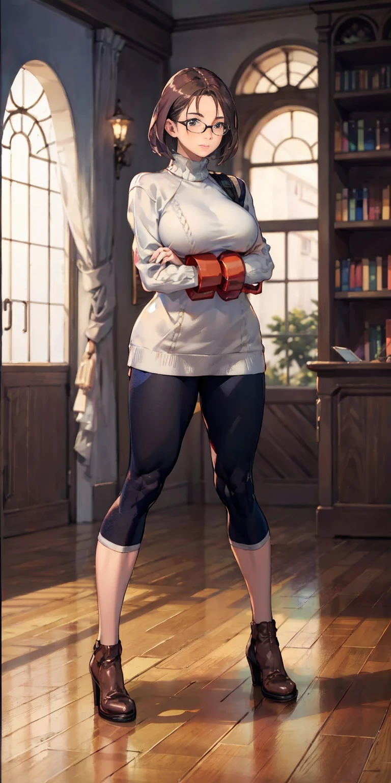 full-body close-up, create an elegant atmosphere, (masterpiece),(best quality), glasses, chakumomi, pov hand, breast grab, (embarrassed),sweater, in library, standing on wood floor