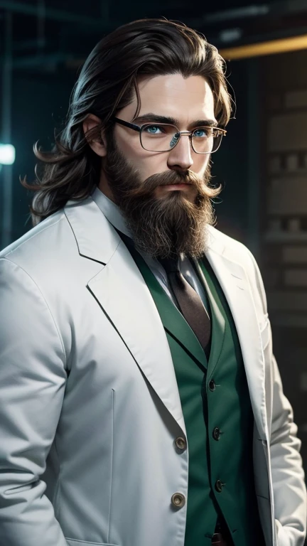 green eyes、beard、hero of glasses、white coat worn by scientists、alone、There are also researchers、There are scientists、graduate school、Upper body、highest quality、masterpiece、ultra high resolution、(Photoreal:1.4)、game poster