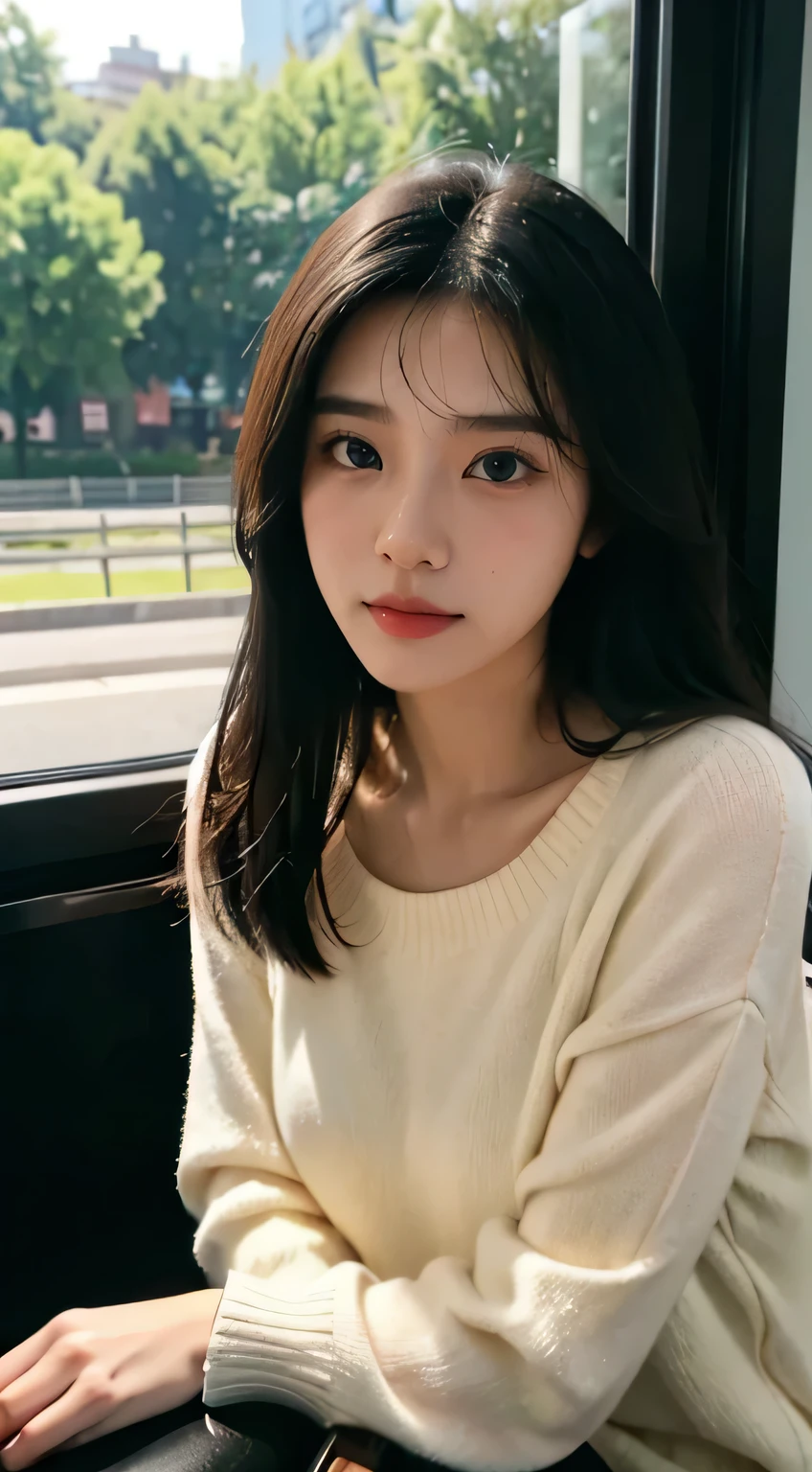 High-res, Realistic portrait of professional Chinese university campus lady with perfect skin,The breath of life should emphasize her sitting and lying postureeautiful woman sitting on the high-speed train,Looking out the window,Wear a long black dress,White suspenders,Pink sweater,Beautiful woman sitting in the seat,Holding a cell phone in his hand,The breeze blows through the hair of the beauty,Breeze in the wind,Medium-sized half-body,Long black hair,panoramicshooting,Looks confident and cute, Longing for and beauty,Surrounded by passive cars and the atmosphere of the crowd, Vibrant and naturally lit highlights. The artwork should emphasize her elegant facial features, Including charming long eyes, Fluttering eyelashes and seductive lips, The scene should be enhanced with elements of professionalism and visual appeal,For example, crowd of,Train,Mainframe computers, High-resolution display, Highlight the temperament of beauty, The overall tone should be warm and professional, The sun shines on the whole body of the beauty,soft sun light,Has a soft and natural color palette. The artwork should exude a sense of professionalism, and cultural pride,