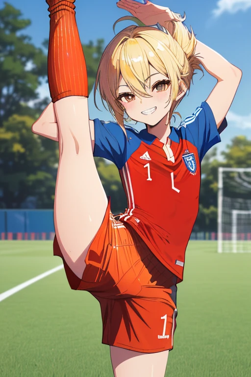 (((Super thin illustration,High resolution, muste piece, best quality,best quality)))、high quality, detailed, (),12 years oace striker with a super cute face,A boy as beautiful as Planding, Cool handsome face with smile, soccer spike, long legs, thighs, Foots, Bulge, (Blonde hair、Spiky hairstyle)、shiny hair, (tight shiny orange soccer uniform suit), (tight and shiny soccer shorts), (Soccer Socks), grassy area, cool pose, (厚いthighs、Seduce your big ass to your crotch)、(((soccer field in the park:1.2)))、((Saucy、))、grinning grin、(((standing splits:1.4))),ultra fine painting, (best quality, In 4K, 8K, High resolution, muste piece),((detailedな目))、cute eyes、I-shaped balance、raise your legs、(((正確でdetailedな脚:1.4))),