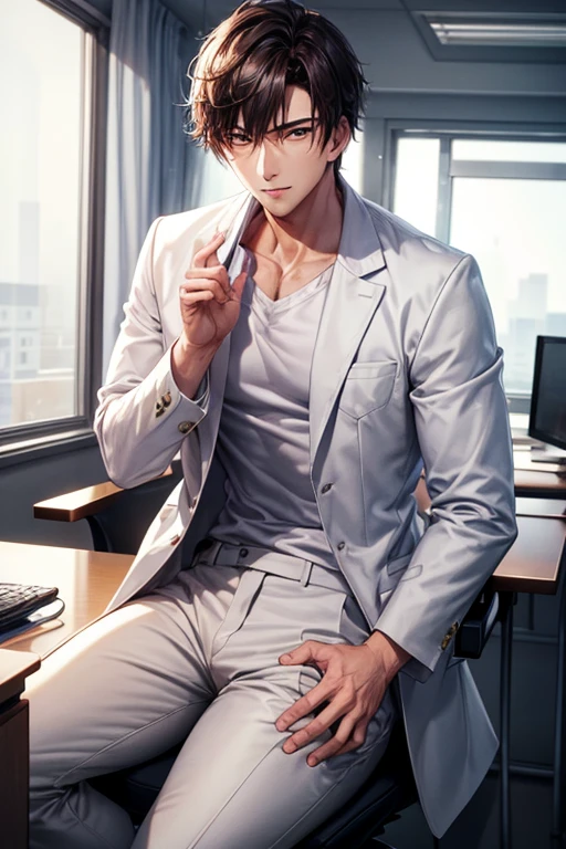 Examination room、PC jobs、sitting at desk、a handsome guy、doctor、with short brown hair,Cold day、white clothes、gray shirt、long sleeve、High resolution、In 8K、sharp focus、zoom、with the best quality