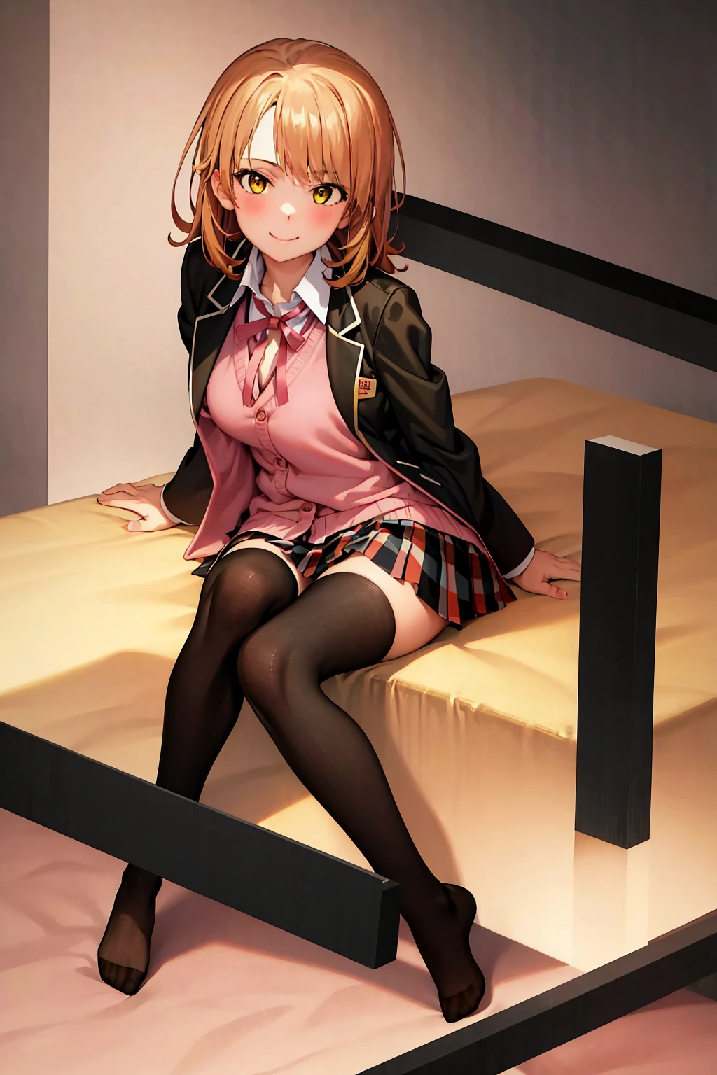 masterpiece, high quality, best quality, high resolution, 4k, high definition, beautiful lighting,highly detailed face, well drawn hands, well drawn legs,well drawn feet,well drawn eyes,1girl, iroha,brown hair , short hair, yellow eyes, sobu highschool uniform, (((black blazer))),((( pink shirt))), red ribbon , plaid skirt,black socks, smiling,closed mouth, from front,