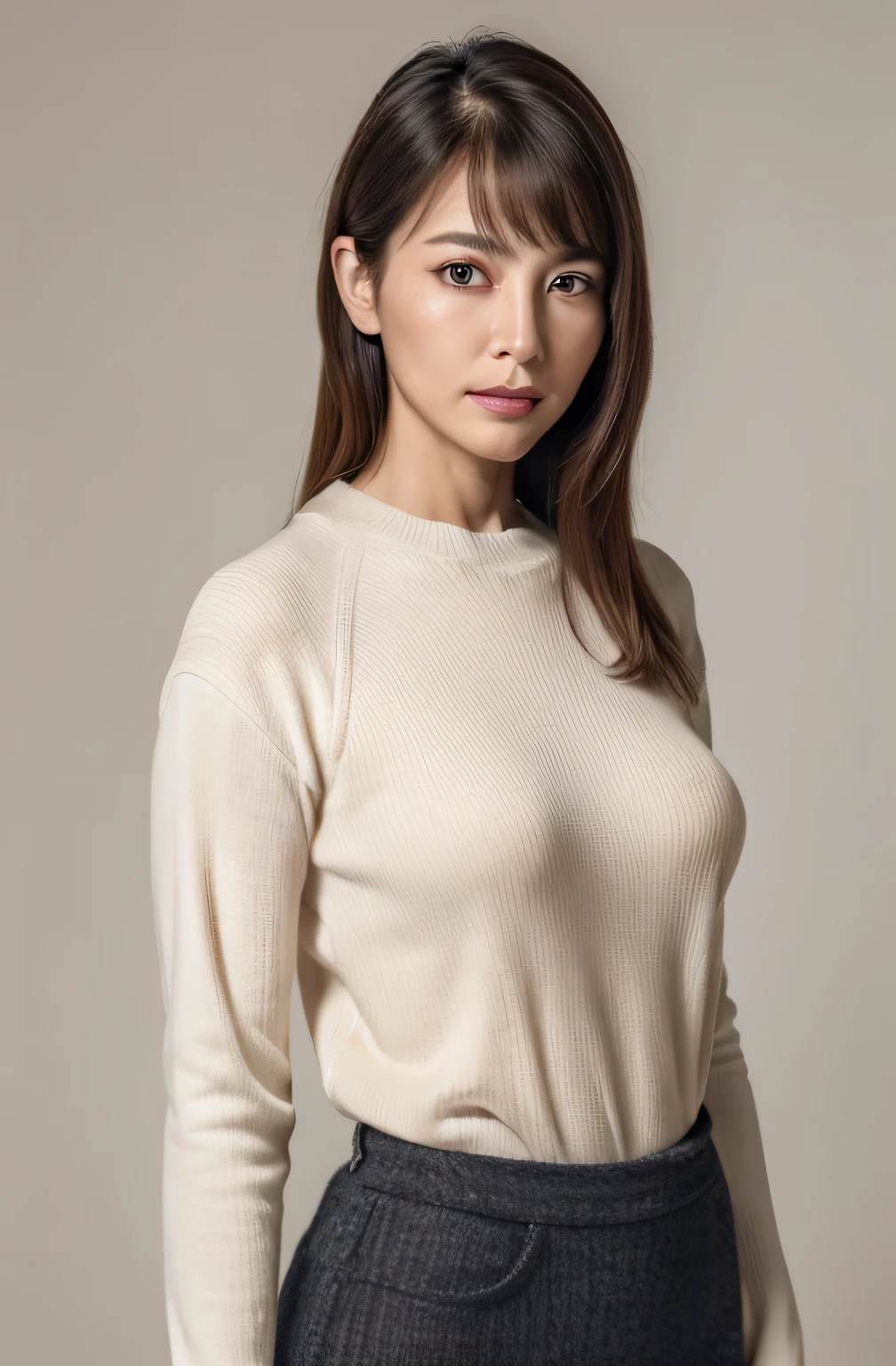 Masseter muscle part, highest quality, masterpiece, High resolution, Photoreal, RAW photo, 8k wallpaper, perfection, professional lighting, very detailed, written boundary depth,pale plain background, ((one beautiful woman)), ((65 years old)), women sexy, detailed face, beautiful eyes, bangs, good shape big breasts, light brown straight hair, faint lips, ((stand in front、look at the audience, serious face eyes.)),sweater, skirt, cowboy shot